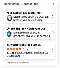 Ausgeklapptes Trustbadge mit Shopinformationen